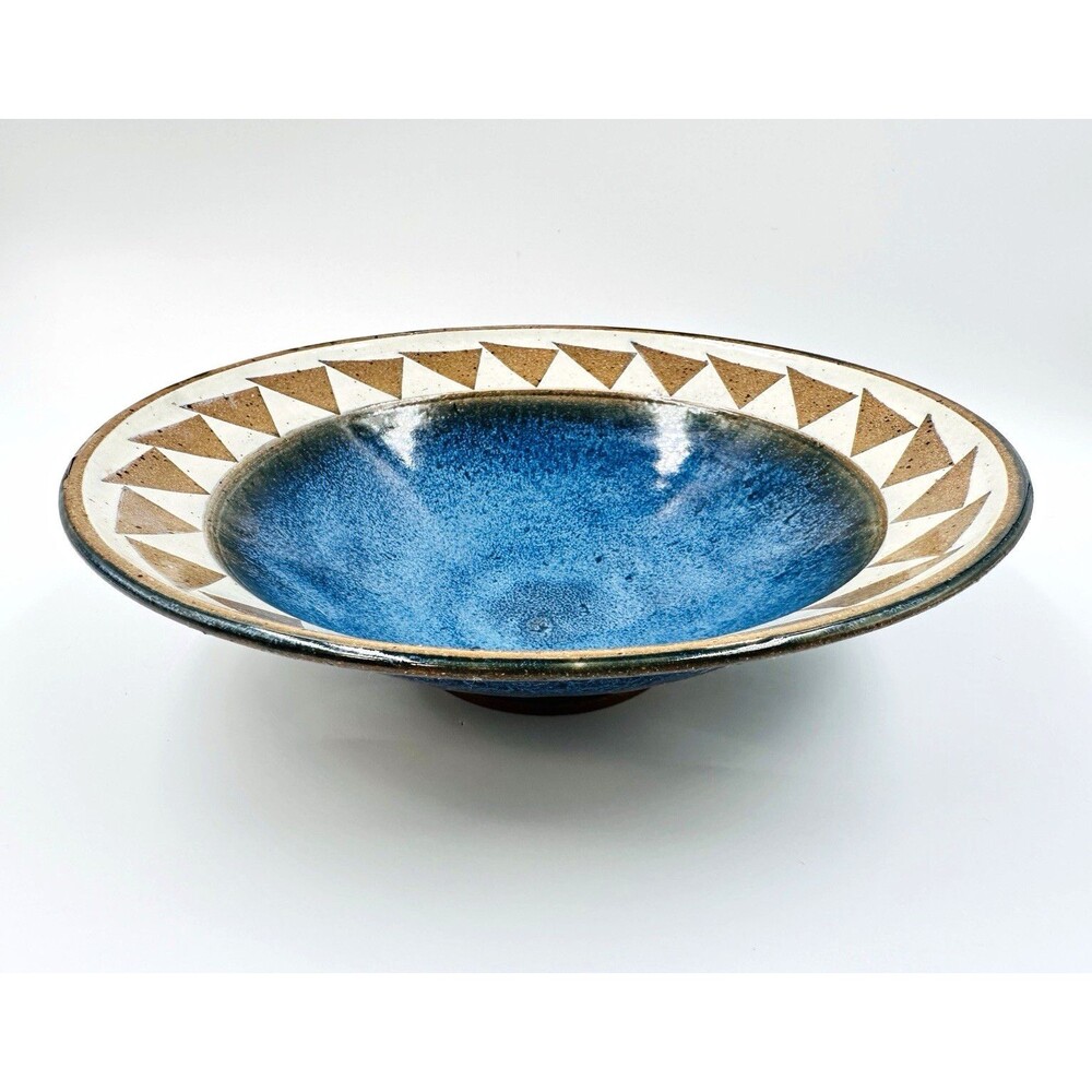 Signed Studio Art Pottery Bowl Blue Glaze Geometric Triangle Rim 10in Dated